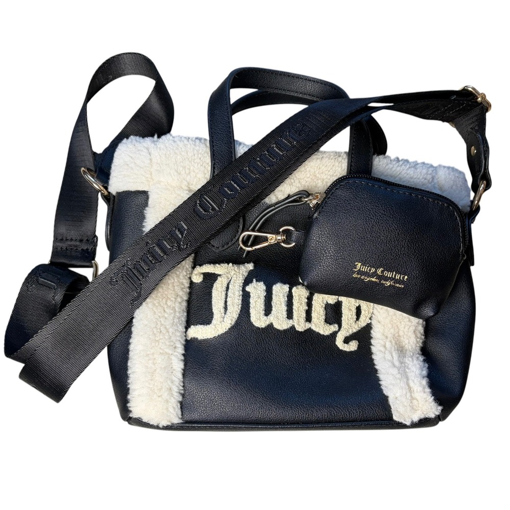 Juicy Couture Black Faux Leather mini Tote Sherpa Trim Crossbody Bag Coin Purse - Picture 8 of 8